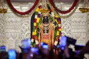 AYODHYA, INDIA - JANUARY 22: A view of the idol of the Hindu god Ram after the consecration at the Ram Mandir on January 22, 2024 in Ayodhya, India. The Ram Mandir, a temple built at a site thought to be the birth place of Lord Rama, a significant figure in Hindu religion, was be inaugurated on Jan. 22, 2024. (Photo by Ritesh Shukla/Getty Images)